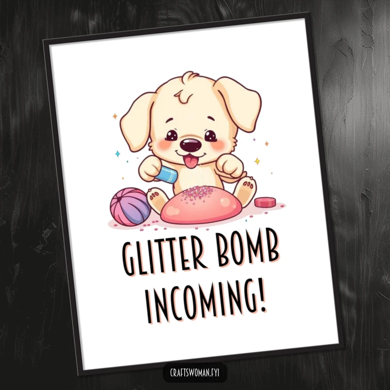 Funny puppy digital art print of a playful puppy excitedly adding glitter to a vibrant craft creation, ready for download.