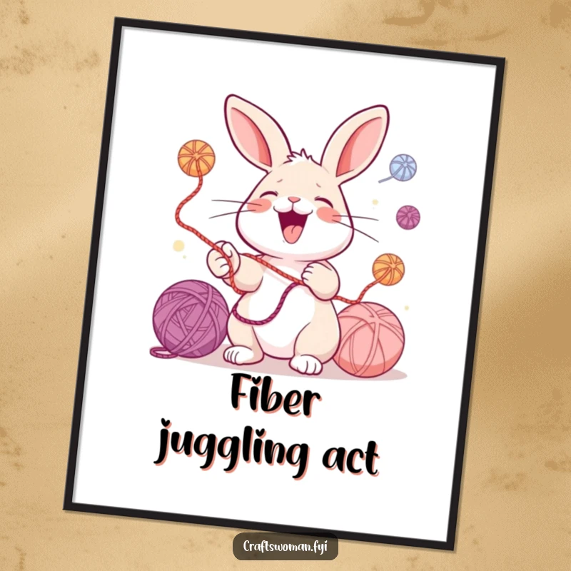 Funny digital art print of a laughing rabbit juggling colorful yarn balls, ideal for instant crafty and humorous wall decor.