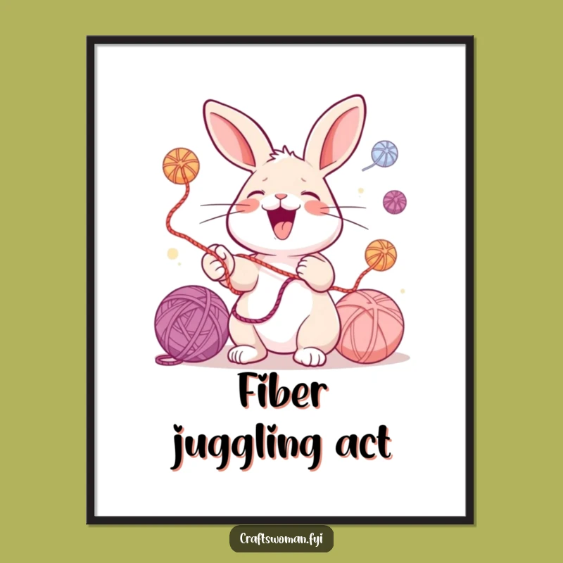 Funny Rabbit Juggling Digital Art: Instant Crafty Decor with Yarn Humor