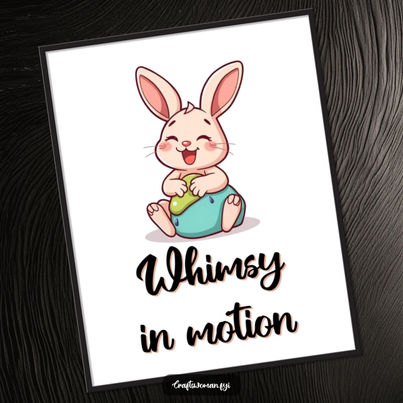 Funny rabbit digital art print of a happy bunny gleefully sculpting clay into a whimsical shape, ready for instant download.