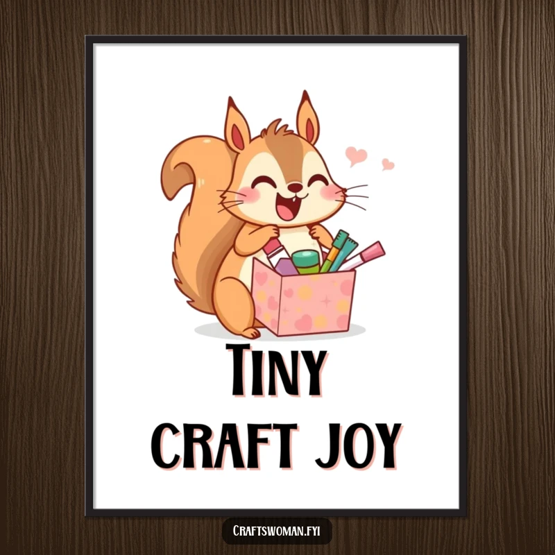 Funny digital art print of a delightful squirrel opening a gift box full of tiny craft supplies, perfect for instant, humorous home decor.