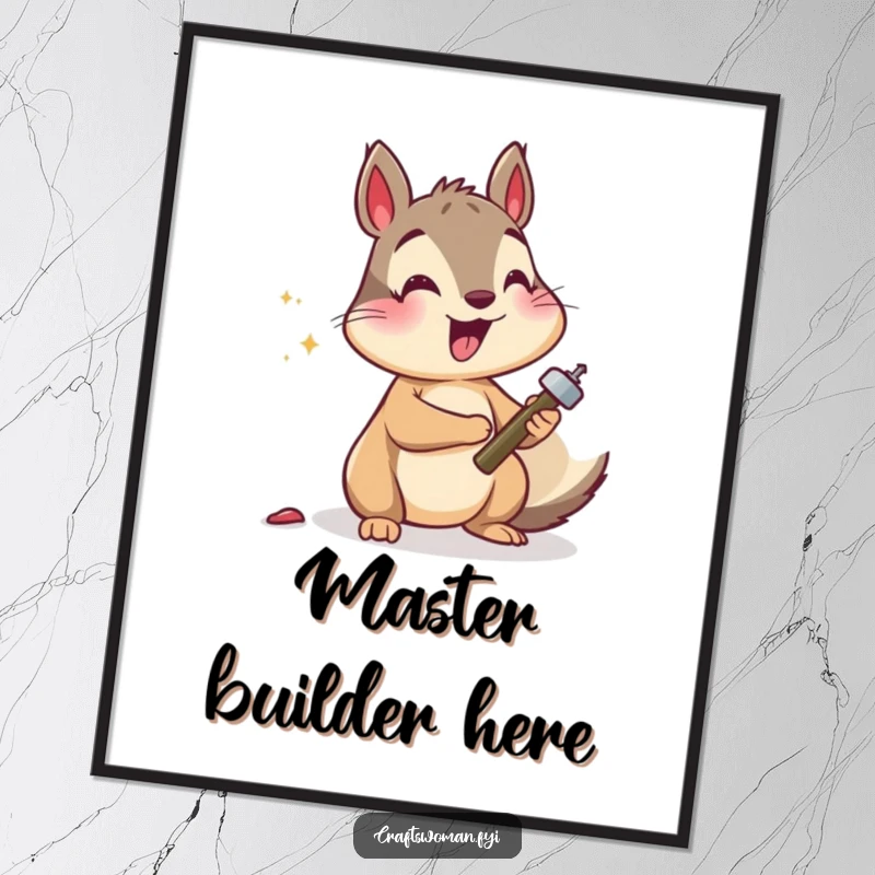 Funny squirrel digital art print of a cheerful squirrel hammering a tiny nail, adding whimsical charm to home decor.