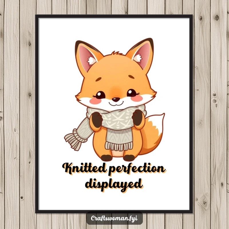 Funny digital art print of a smiling fox proudly displaying a finished knitted scarf, instant wall decor.