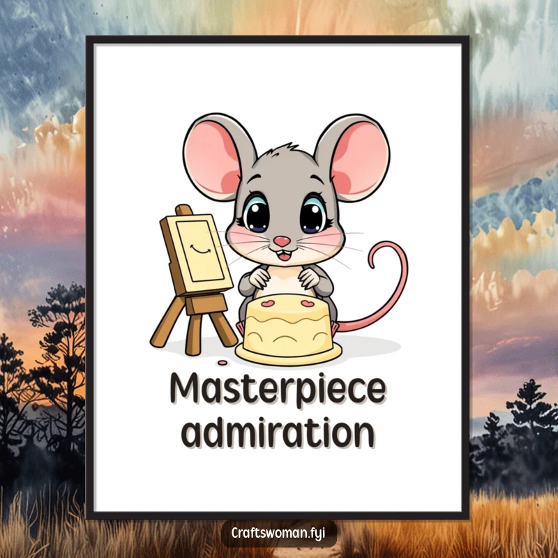 Funny digital art print of a mouse with wide eyes admiring a finished creation, suitable for instant download and framing.