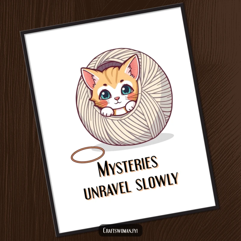 Funny digital art print of a curious cat peeking out from behind a big spool of yarn, instant wall decor.