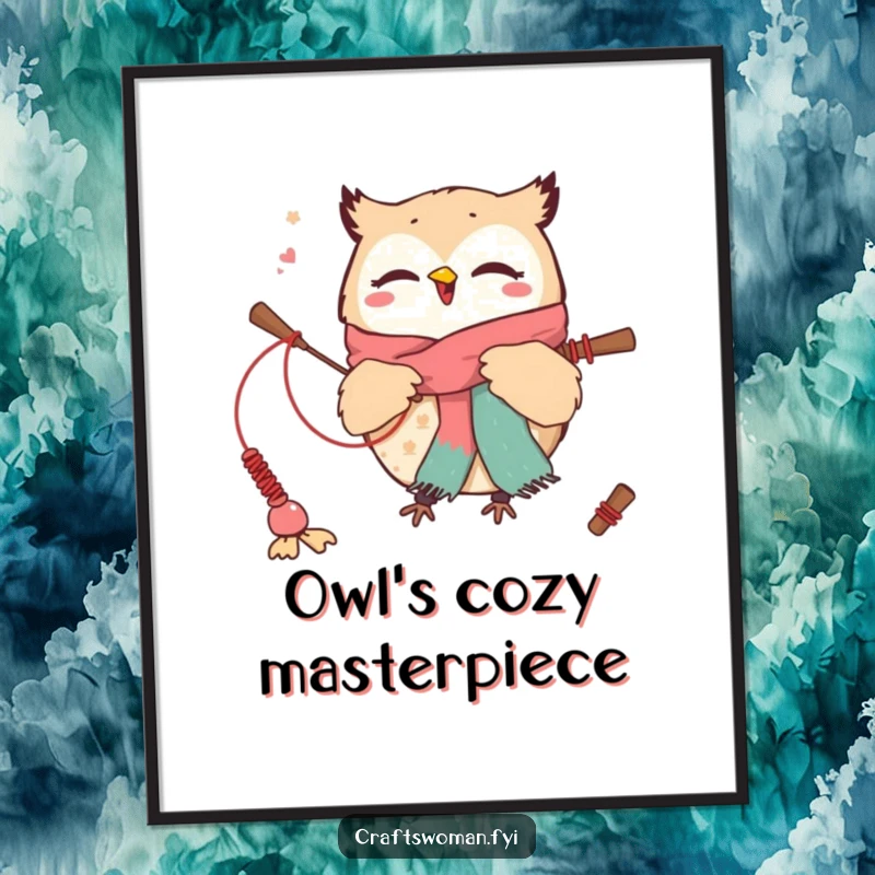 Funny digital art print of a cute owl character excitedly weaving a scarf with oversized needles, perfect for whimsical decor.