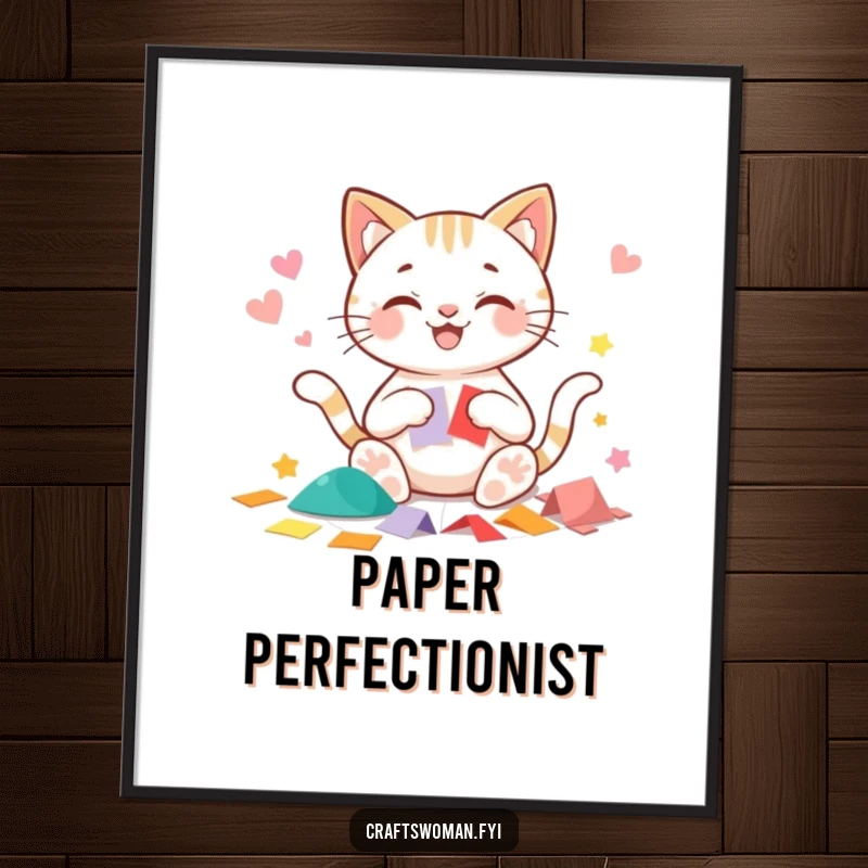 Funny cat digital art print of a beaming cat character happily cutting precise shapes from colorful paper, ready for download.