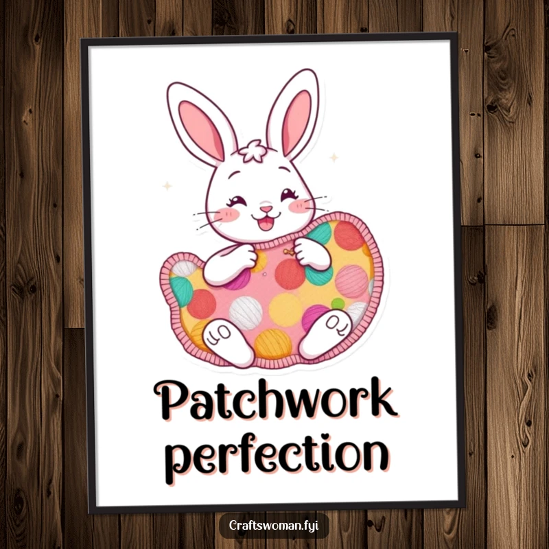 Funny cheerful bunny digital art print of a bunny enthusiastically sewing a large, colorful patch, perfect for instant wall decor.