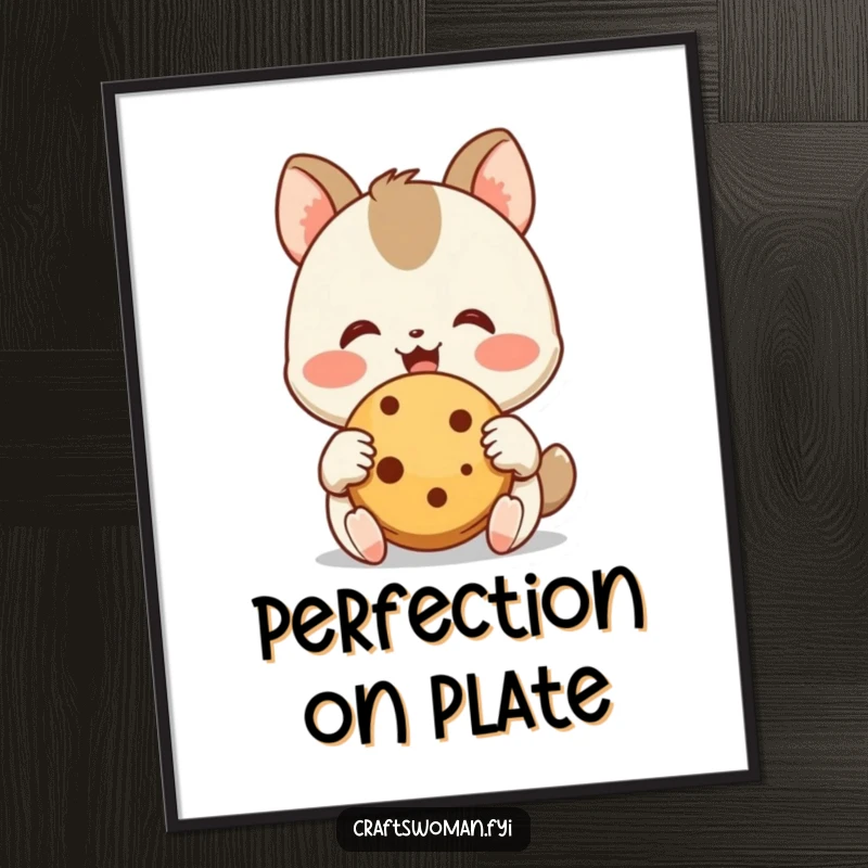 Funny Cookie Admirer Digital Art Print: A joyful animal character happily admires a freshly baked cookie with its small hands, exuding pure delight and sweetness.