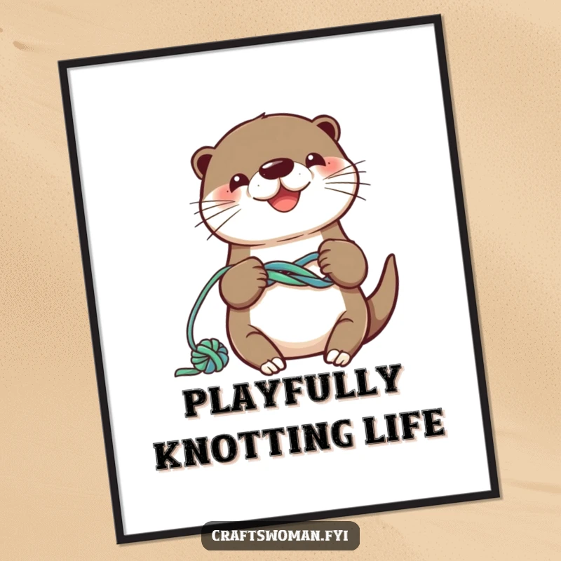 Funny otter digital art print of a smiling character knotting colorful yarn into a playful design.
