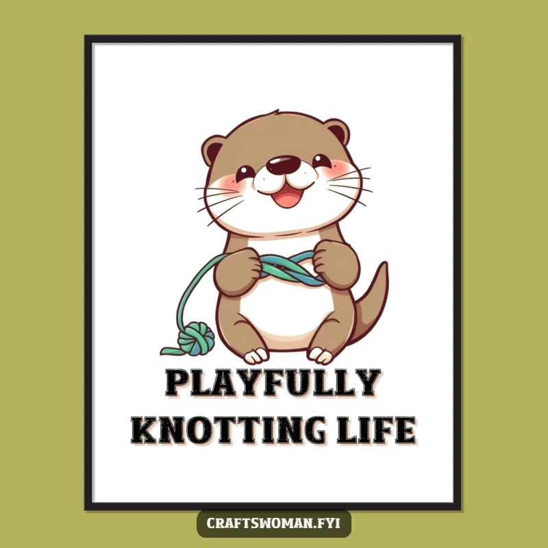 Funny Otter Knotting Digital Print: Playful Yarn Craft Art
