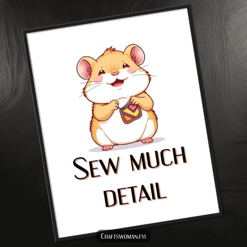 Funny hamster digital art print of a joyful character sewing a tiny, colorful patch onto a small garment.
