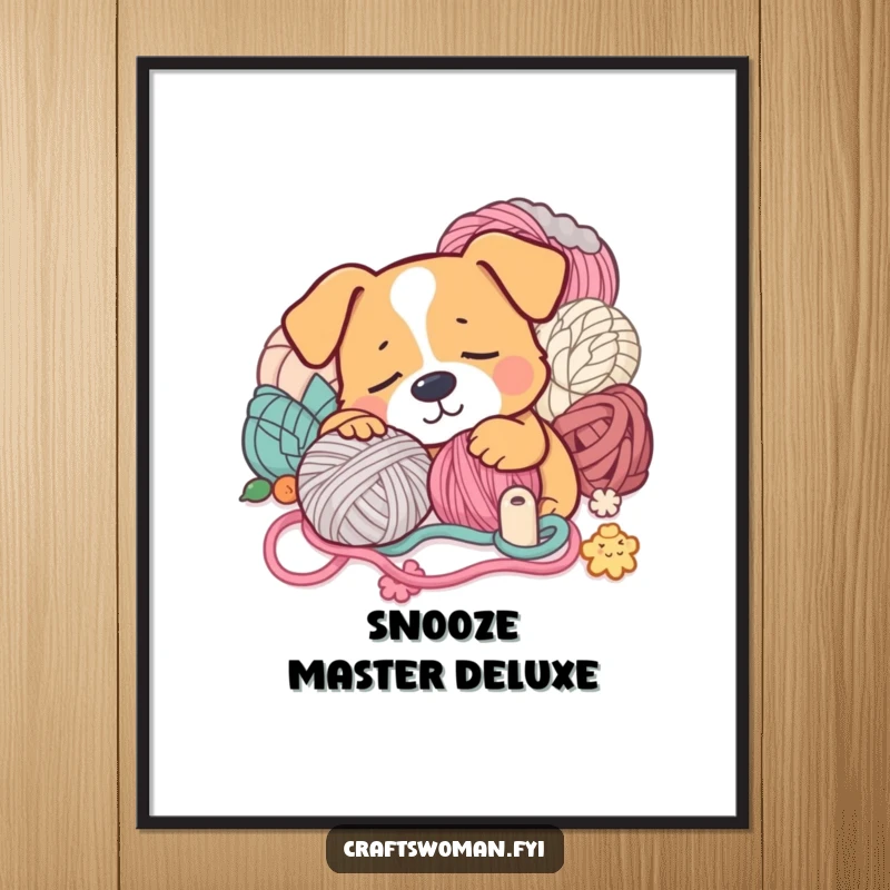 Funny Digital Art Print: A sleepy dog snoozes with yarn, humorous wall art for crafters.