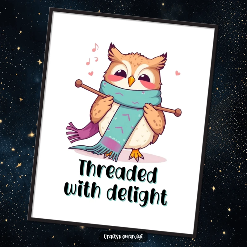 Funny knitting owl digital art print of a joyful owl happily knitting a colorful scarf, offering cozy and humorous decor.