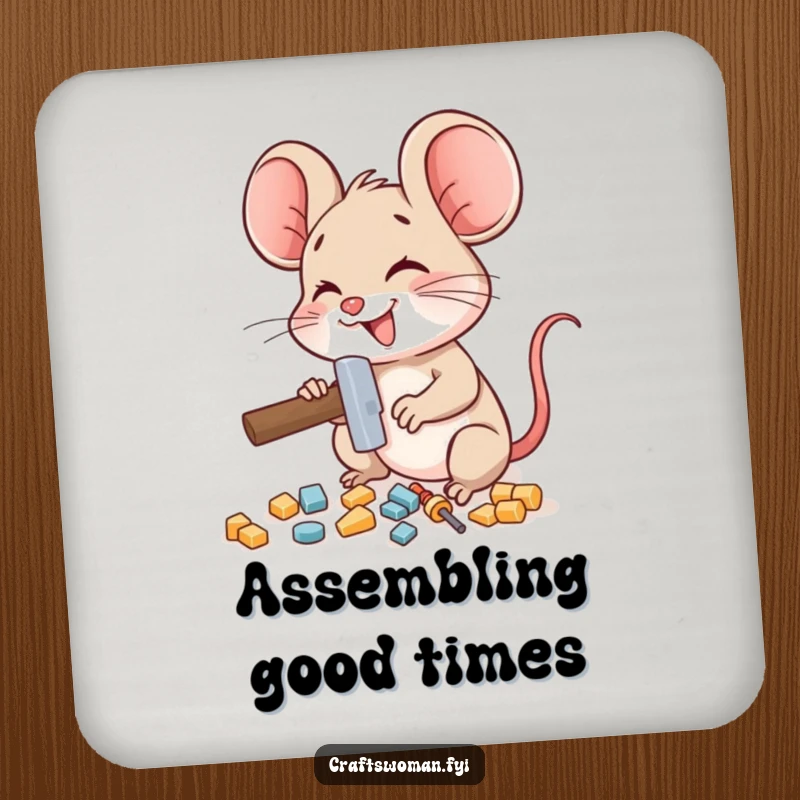 Funny mouse coaster showing a delighted mouse character using a miniature hammer to assemble small pieces, ideal for surface protection.