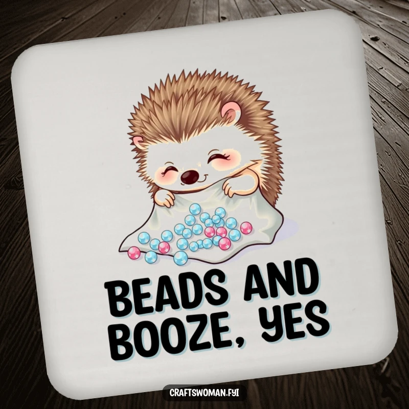 Funny hedgehog drink coaster with a cheerful character carefully arranging sparkling beads onto a piece of cloth, cute protection.