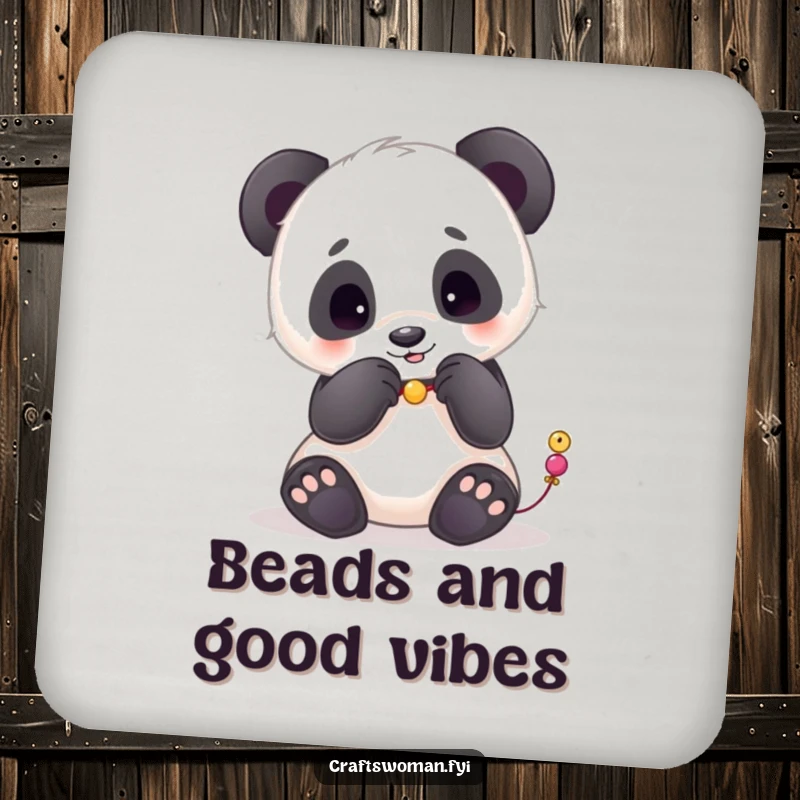Funny coaster set featuring a playful panda carefully placing beads onto a string with its paws, offering artistic protection.