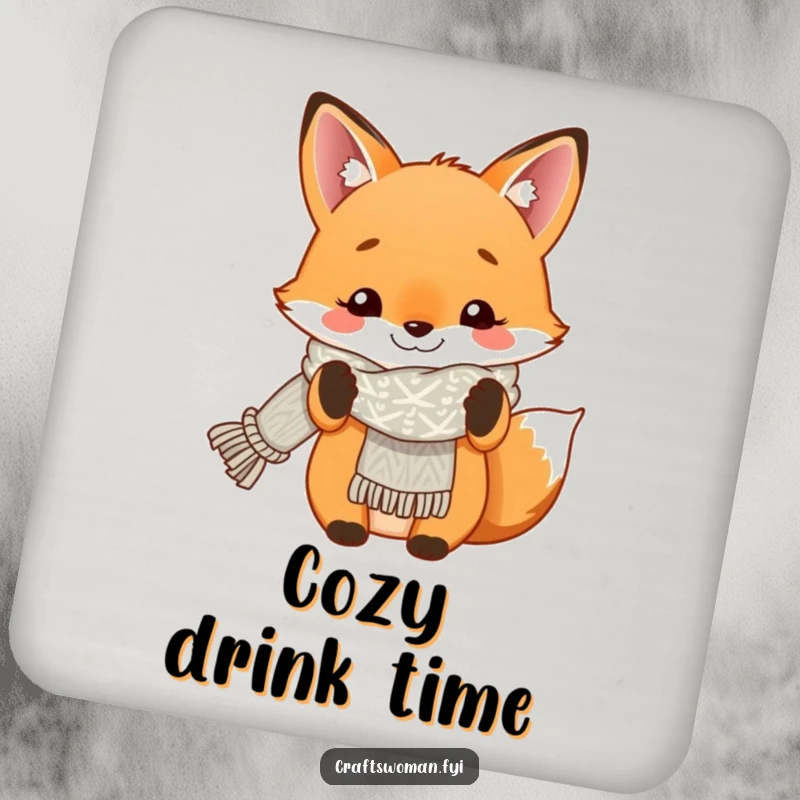 Funny coaster set featuring a smiling fox proudly displaying a finished knitted scarf, offering cozy surface protection.