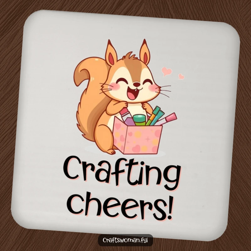 Funny drink coaster with a happy squirrel character unwrapping a gift box containing miniature craft supplies, adding a humorous touch.