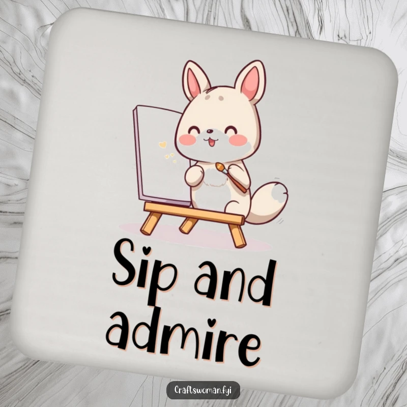 Funny drink coaster with an animal character painting with a tiny brush, adding creative humor.