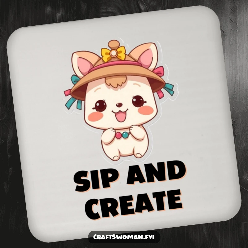 Funny Animal Coaster: A smiling animal character decorates a hat with colorful ribbons and beads, adding a touch of whimsy to surface protection.