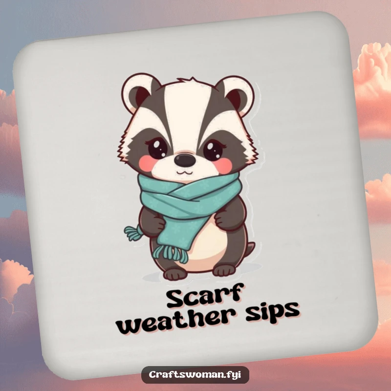 Funny Badger Knitter Coasters: A Whimsical Badger Proudly Displaying a Slightly Lopsided Knitted Scarf, Protecting Surfaces Hilariously.
