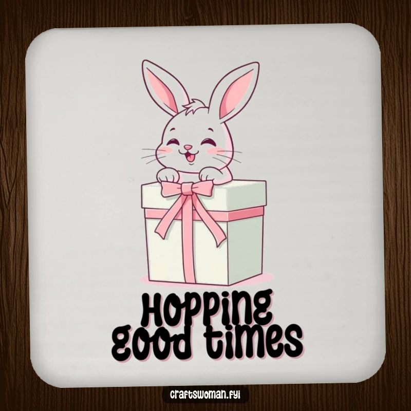 Funny Coaster: A giggling bunny is carefully tying a ribbon around a beautifully wrapped gift box, adding a festive touch.