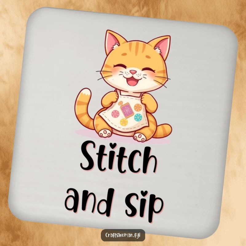 Funny Cat Coaster: A happy cat wearing a tiny apron joyfully stitches a colorful patch, protecting surfaces with cheerful style.