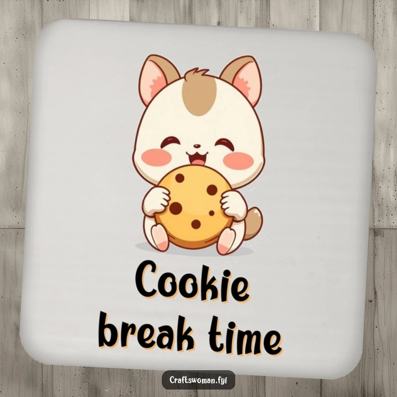 Funny Cookie Coaster: A joyful animal character admires a freshly baked cookie with its happy little hands, adding a humorous and sweet touch to any surface.