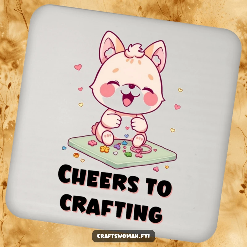 Funny Craft Detail Coaster: An animal character gleefully arranges small embellishments on a craft project, adding a humorous and artistic touch to any surface.