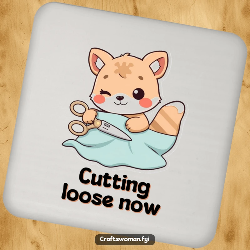 Funny drink coaster featuring an animal character carefully cutting material with playful scissors, protecting surfaces with charm.