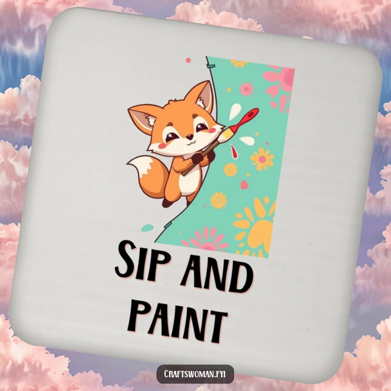 Funny Drink Coasters featuring a determined fox enthusiastically painting a vibrant pattern onto fabric.