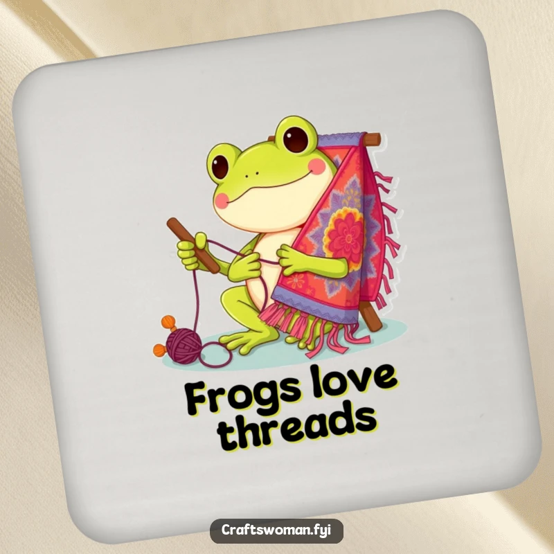 Funny Coaster: Cheerful frog character stitching a vibrant tapestry, protecting your table with artistic flair.