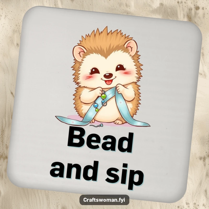 Funny drink coaster with a delighted hedgehog sewing beads onto a ribbon, adding sparkle to tables.