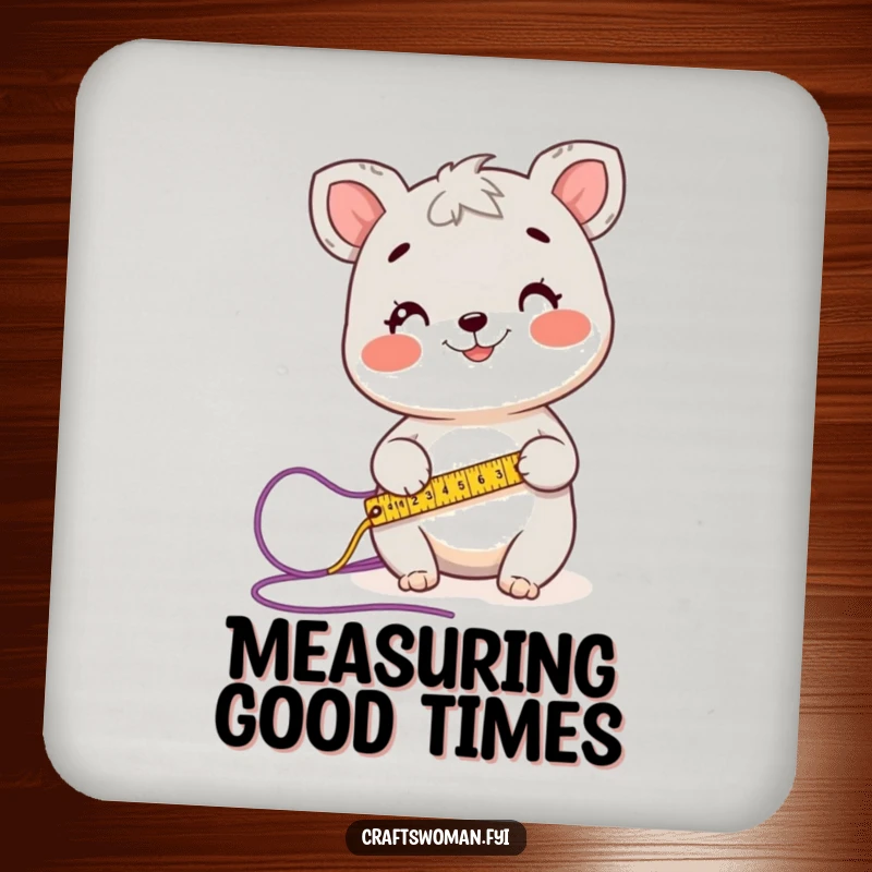 Funny drink coaster featuring a happy animal character measuring yarn with a tape measure, protecting tables with charm.