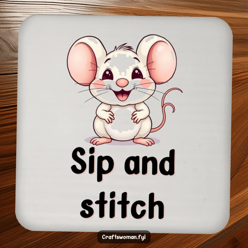Funny Mouse Weaver Coasters: A Joyful Mouse Expertly Weaving Fabric with a Big Proud Smile, Protecting Surfaces Hilariously.