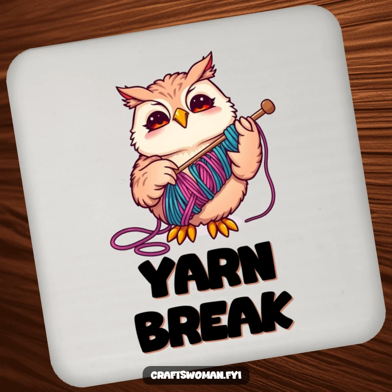 Funny Owl Drink Coaster depicting a joyful owl threading yarn, a humorous and protective accessory for your tables.