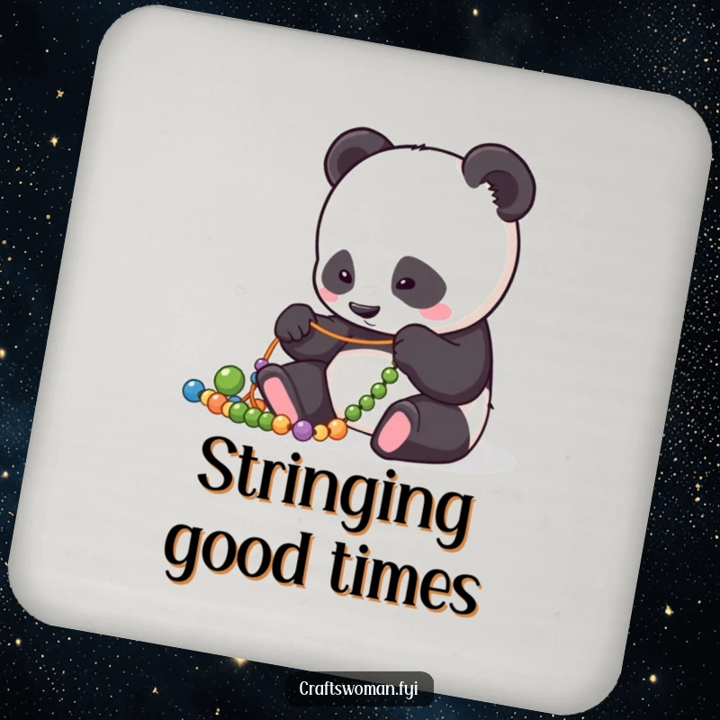 Funny Coaster: Focused panda character meticulously arranging beads on a string, protecting your surfaces.
