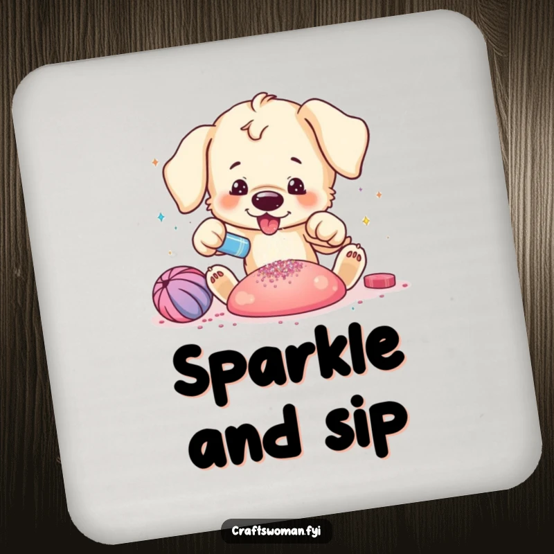 Funny puppy coaster showing a playful puppy excitedly adding glitter to a vibrant craft creation, ideal for surface protection.