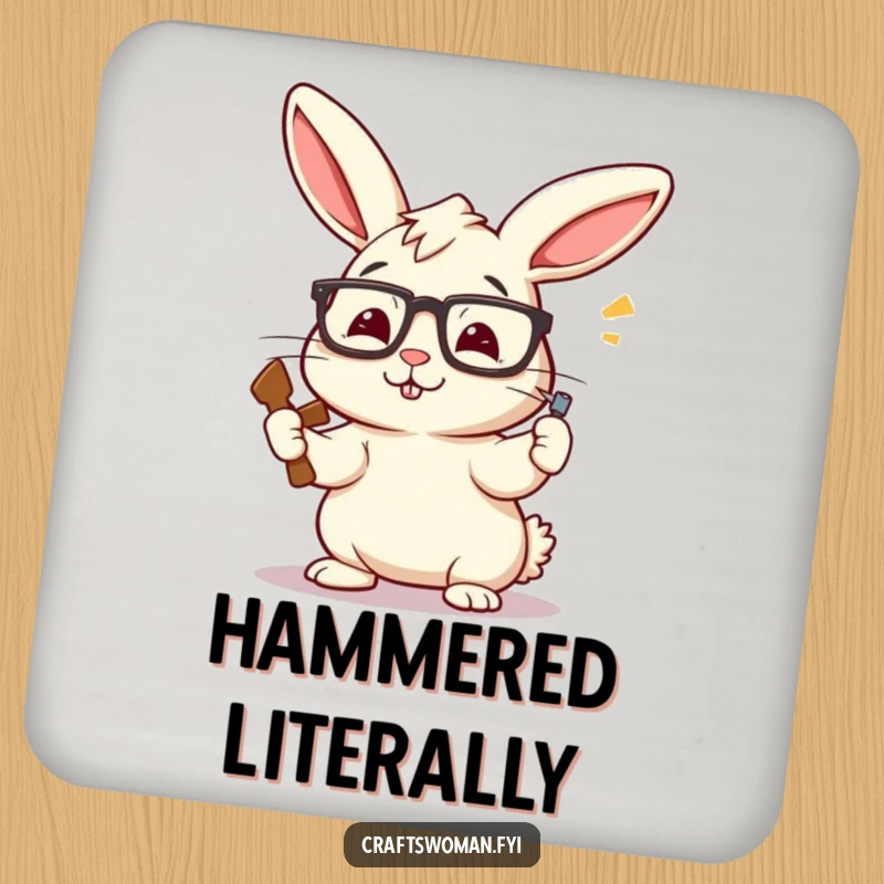 Funny Rabbit Carpenter Coasters: A Perky Bunny with Askew Glasses Enthusiastically Hammering a Nail, Protecting Surfaces Hilariously.