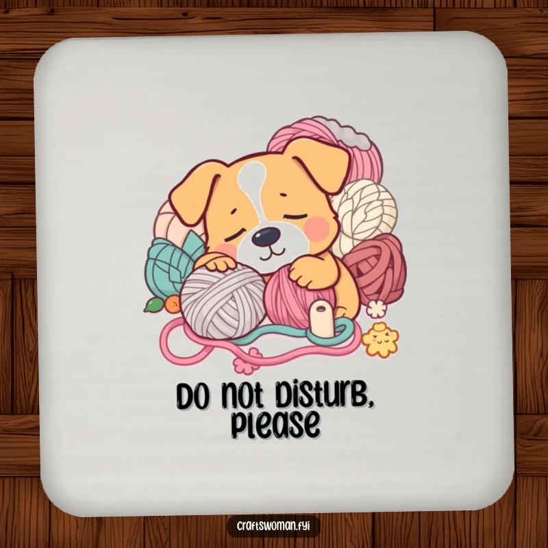 Funny Coasters: A sleepy dog snoozing with yarn, humorous protection for surfaces.