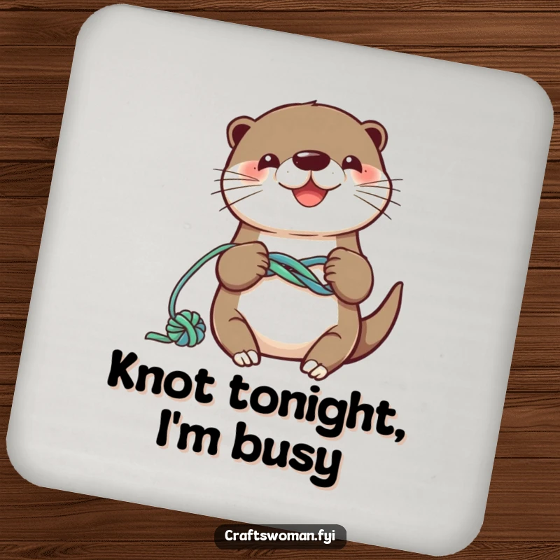 Funny otter drink coaster with a smiling character knotting colorful yarn into a playful design, cute protection.