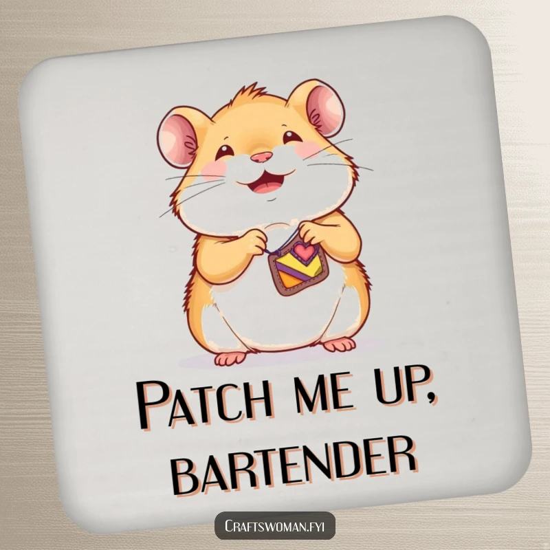 Funny hamster drink coaster with a joyful character sewing a tiny, colorful patch onto a small garment, cute decor.