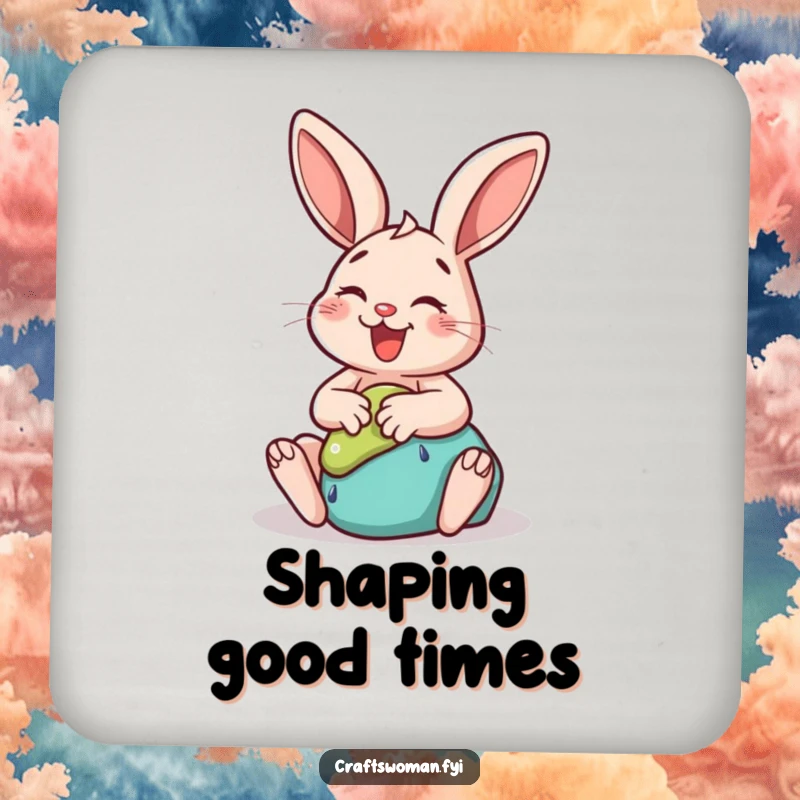 Funny rabbit coaster showing a happy bunny gleefully sculpting clay into a whimsical shape, protecting surfaces with charm.