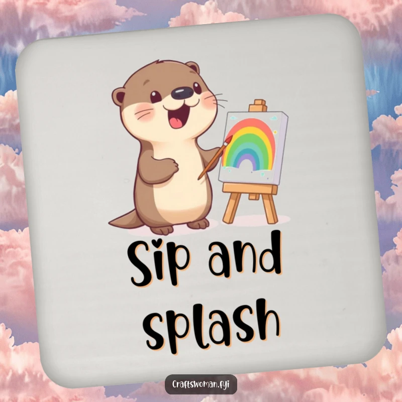 Funny otter coaster design of a smiling otter painting a rainbow, providing surface protection with artistic charm.