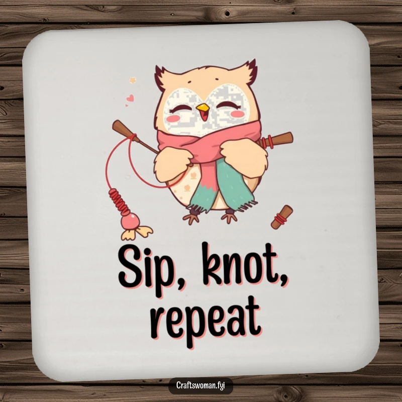 Funny drink coaster featuring a cute owl character weaving a scarf with oversized needles, adding humor to tabletops.
