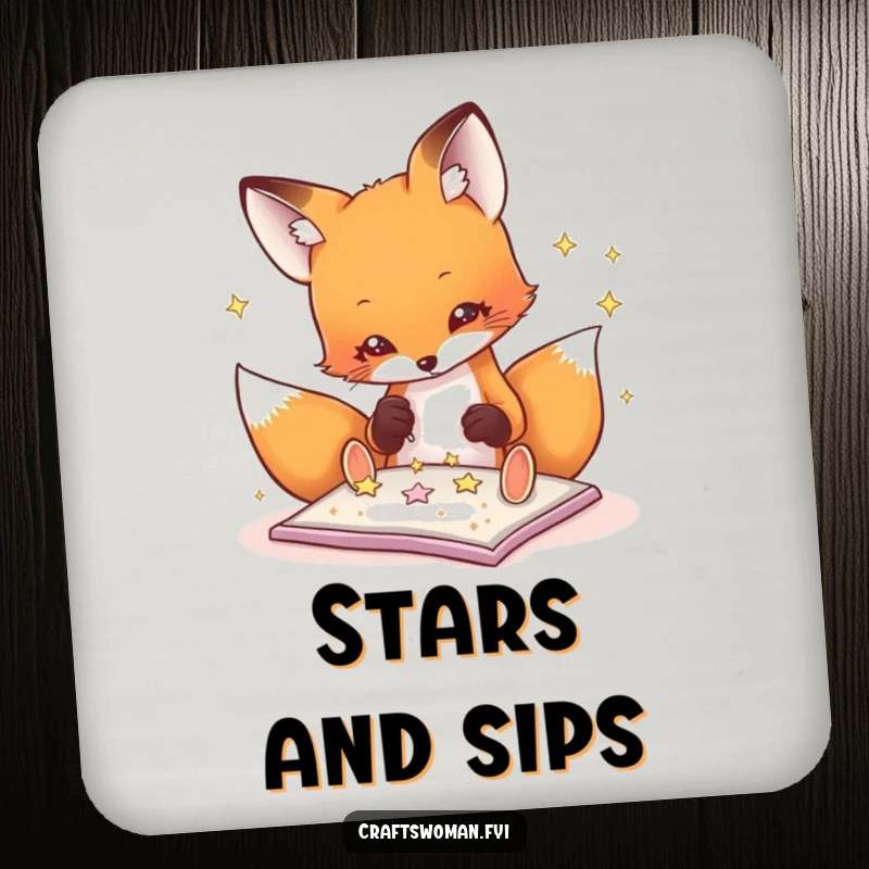 Funny fox coaster design of a playful fox carefully gluing glitter stars, providing surface protection with creative charm.