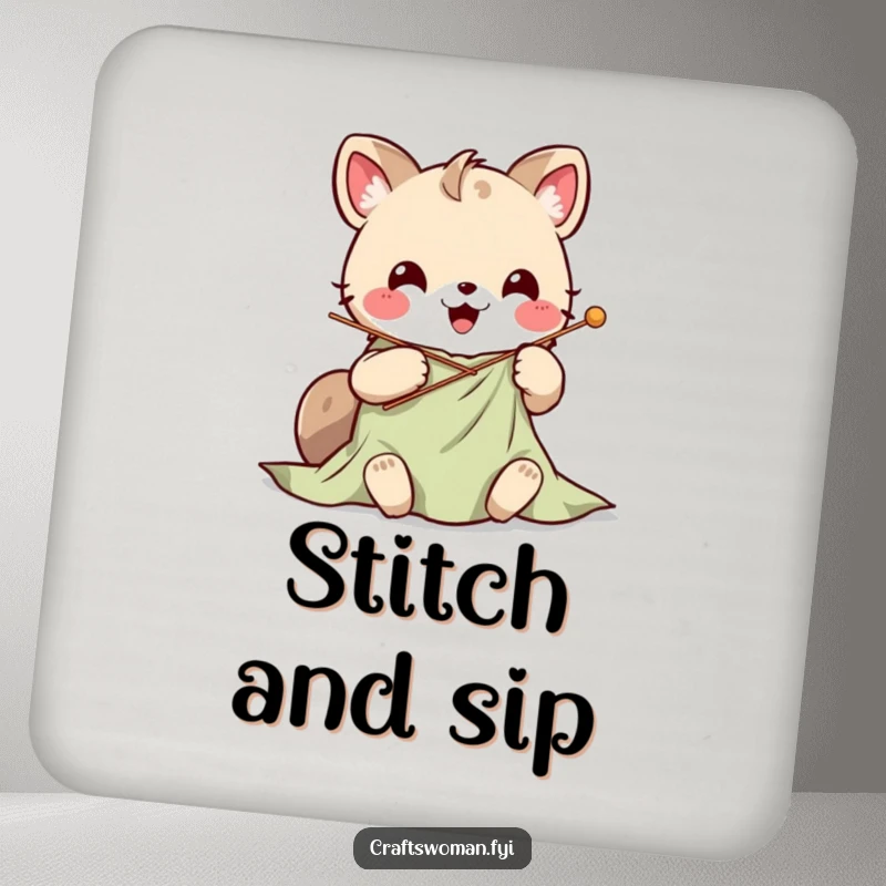 Cute Kawaii animal character stitching vibrant fabric with a large needle, featured on a set of coasters.