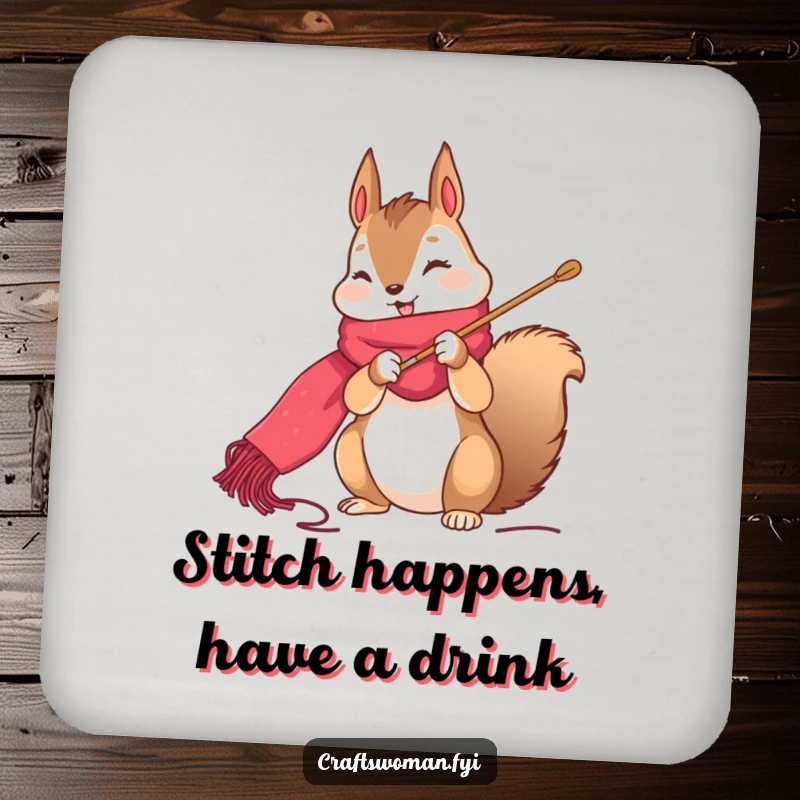 Funny squirrel drink coaster with a cute character happily stitching a vibrant scarf, protecting surfaces with charm.