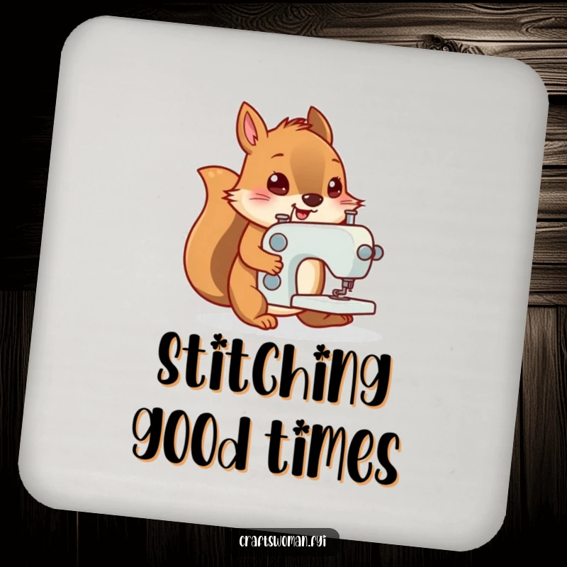 Funny coaster set featuring a determined squirrel pushing a tiny sewing machine, offering humorous surface protection.
